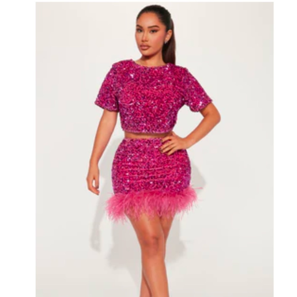 Fashion Nova Fushia Pink Sequin Skirt and Top Set Sz 3X